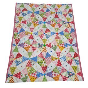 vintage patchwork hand made throw blanket quilt with button detail colorful